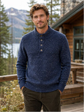 Paolo Mondo Men’s M Wool Blend Henley Mock Neck Fisherman Knit Cozy Navy Italy